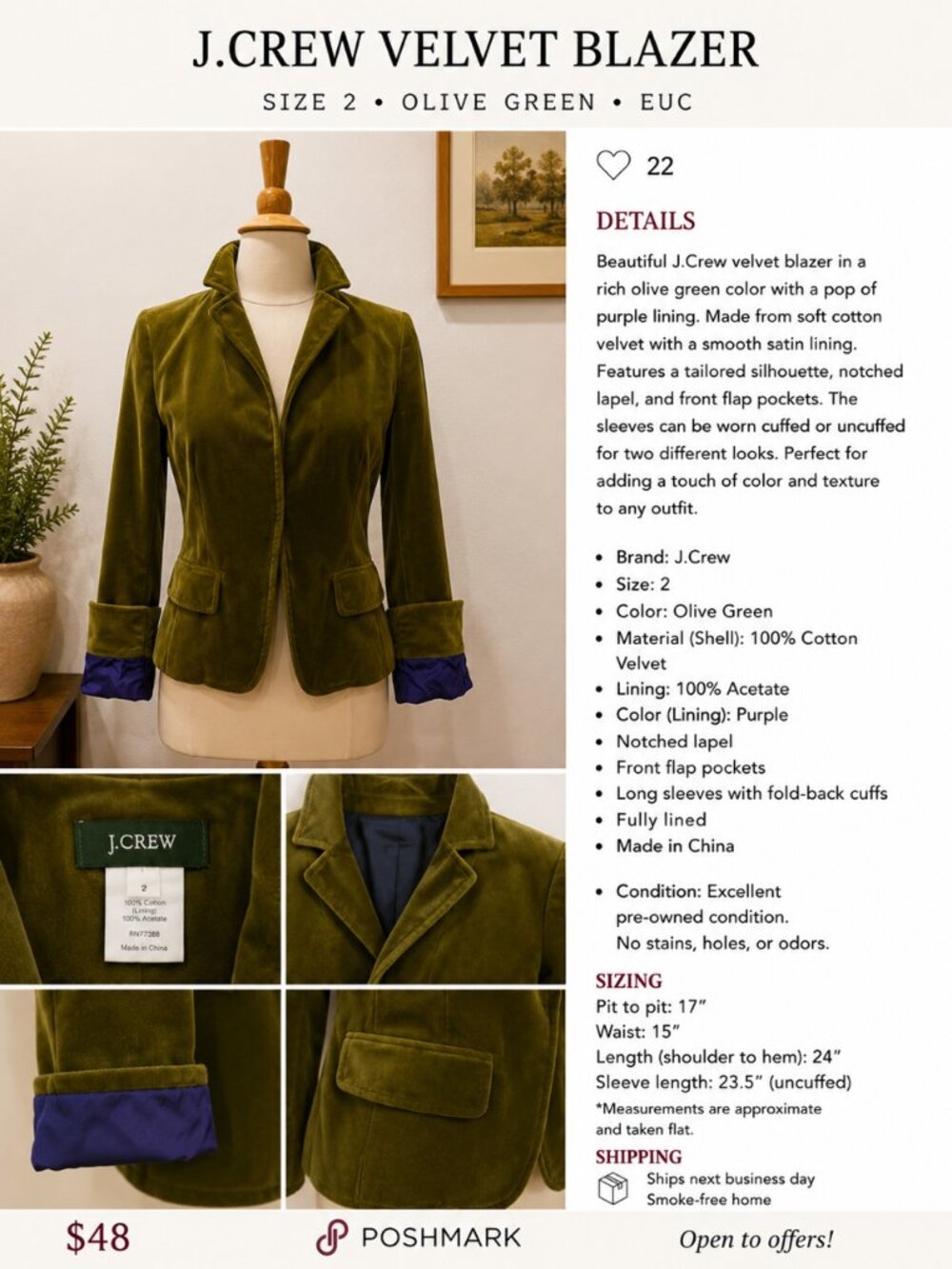 J.Crew Olive Green Velvet Blazer | Size 2 | Excellent Condition